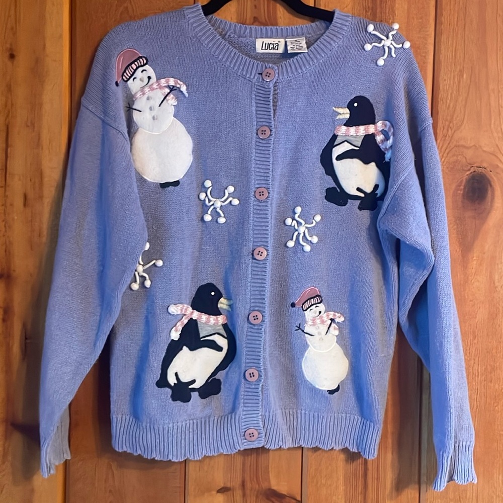 Vintage Winter Button Up Cardigan with Snowman, Snowflakes, & Penguin
